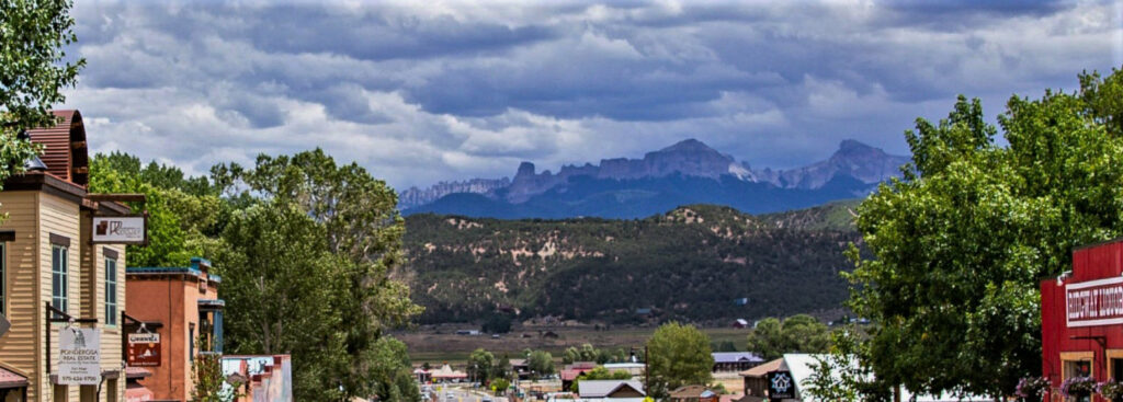 Ridgway Colorado view of the Cimarron Range down main street.