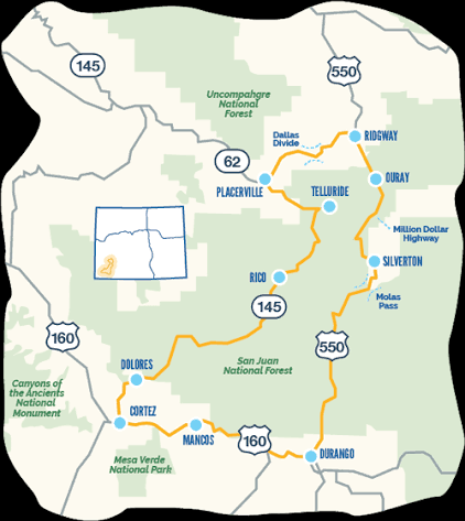 Telluride Colorado on the San Juan Skyway map