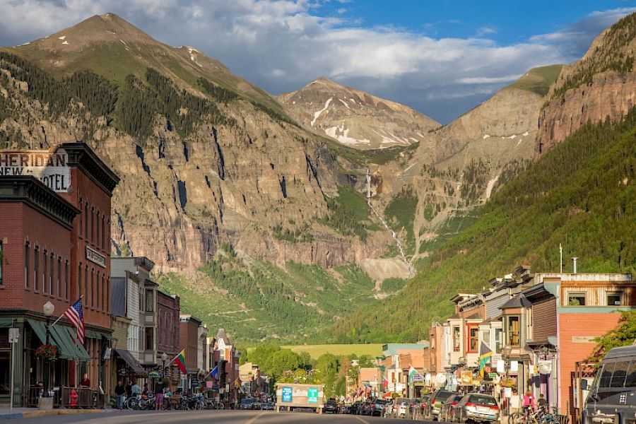 Telluride Colorado view down Main Street towards Bridal Veil Falls.